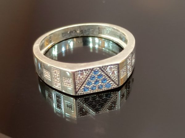 Men's Sterling Silver Ring with Blue and Clear Cubic Zirconia – Geometric Design