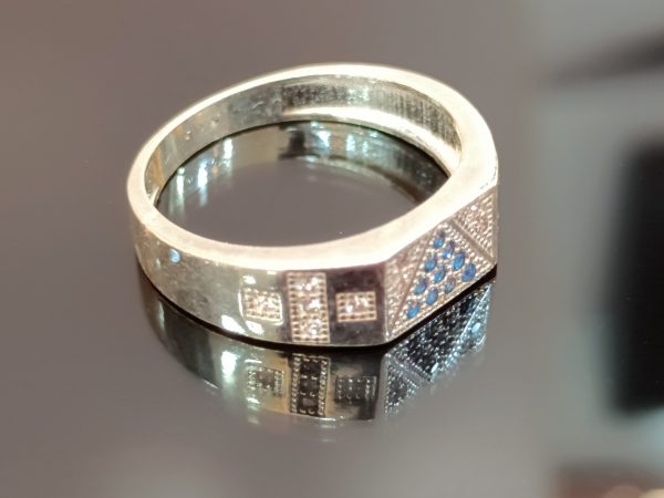 Men's Sterling Silver Ring with Blue and Clear Cubic Zirconia – Geometric Design - Image 2