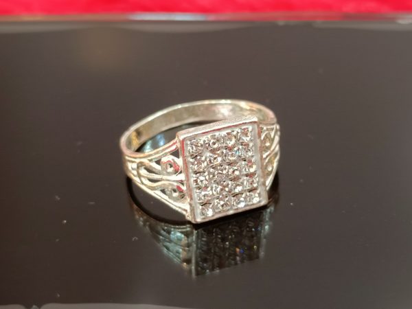 Regal Rectangular Cluster Silver Ring – Ornate & Sparkling Statement