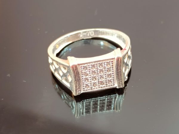 Diamond-Pattern Rectangle-Top Silver Ring