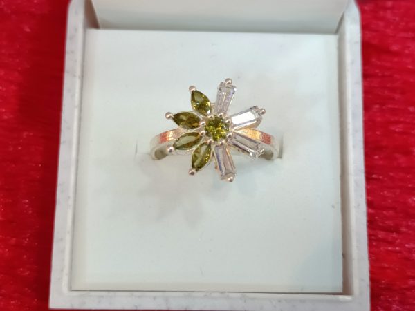 Ring with Olive Green Petals and Clear Baguette Stones - Image 3