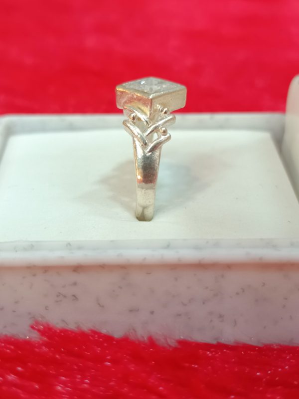 Geometric Chevron Silver Ring with Square-Cut Stone - Image 4