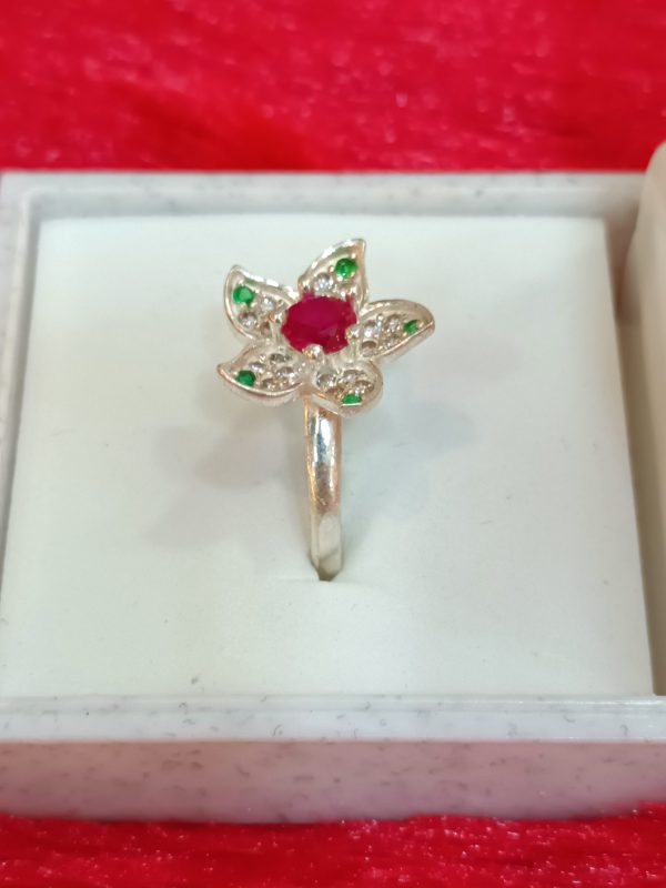Floral Blossom Silver Ring with Ruby Center - Image 2