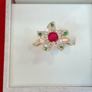 Floral Blossom Silver Ring with Ruby Center