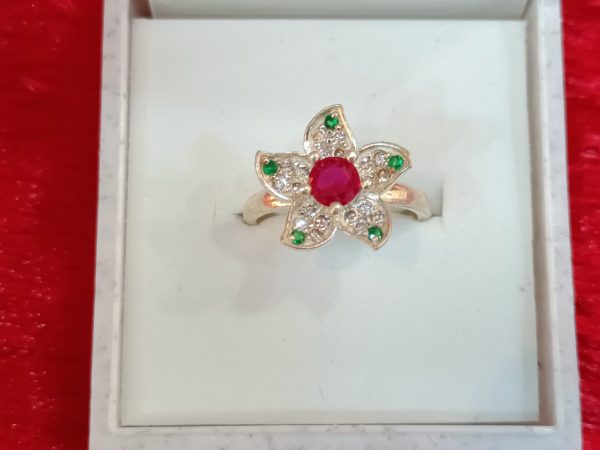 Floral Blossom Silver Ring with Ruby Center