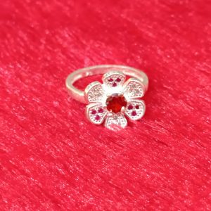 Floral Silver Ring with Red Center Stone