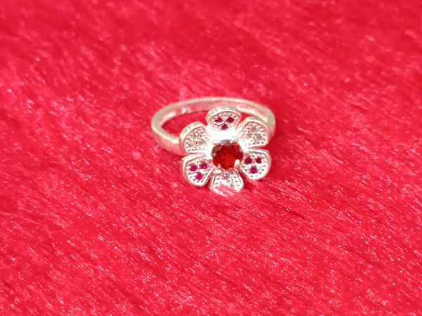 Floral Silver Ring with Red Center Stone