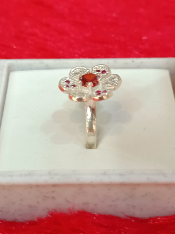 Floral Silver Ring with Red Center Stone - Image 4