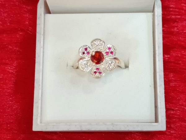 Floral Silver Ring with Red Center Stone - Image 5