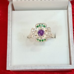 Silver Floral Ring with Amethyst and Emerald Accents