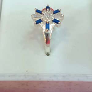 Silver-tone ring with blue and clear stones