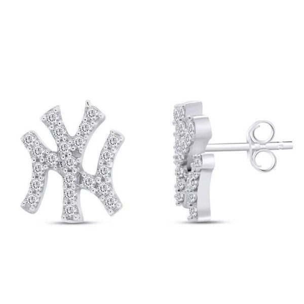 Sterling Silver Pave CZ Stud Earrings – New York Yankees Design