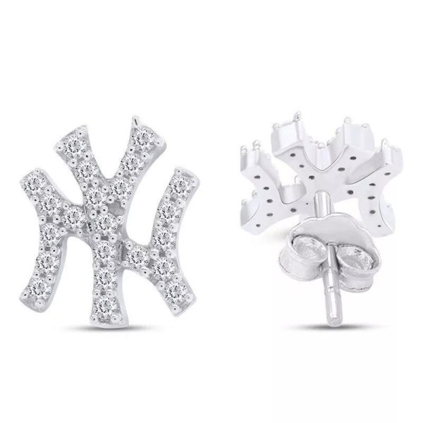Sterling Silver Pave CZ Stud Earrings – New York Yankees Design - Image 2