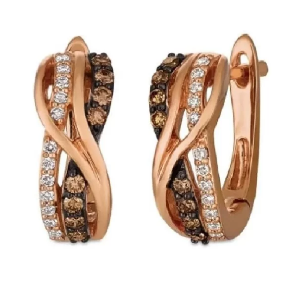 Round Cut Brownish and White Diamond Hoop Earrings