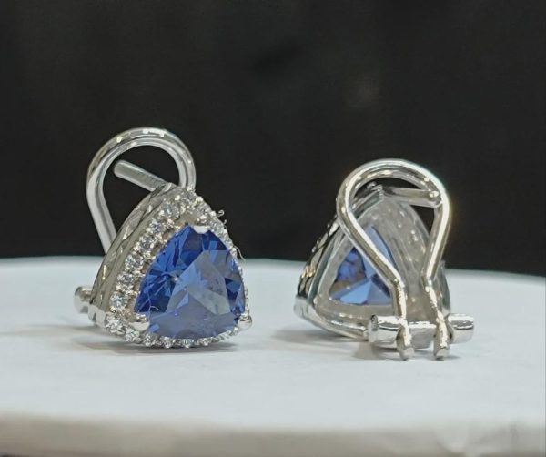 Blue Sapphire Halo Stud Earrings Sterling Silver Trillion... - Image 5