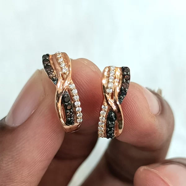 Round Cut Brownish and White Diamond Hoop Earrings - Image 3