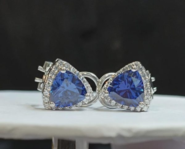 Blue Sapphire Halo Stud Earrings Sterling Silver Trillion...