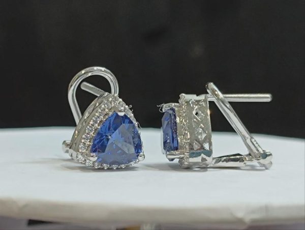 Blue Sapphire Halo Stud Earrings Sterling Silver Trillion... - Image 4