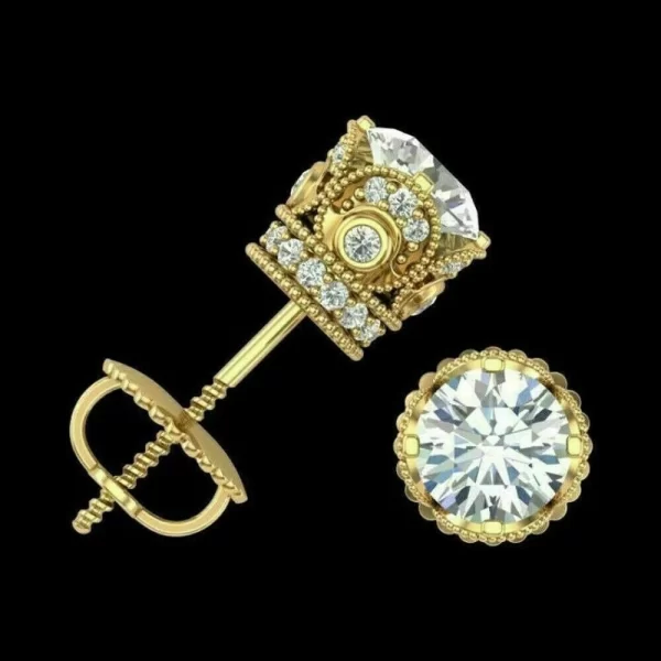 925 Sterling Silver Crown Stud Earrings – Yellow Gold Plated CZ - Image 2