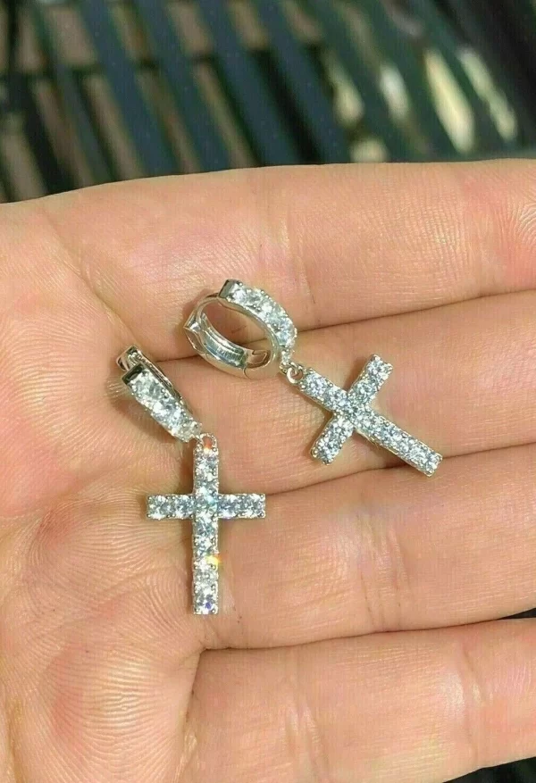 Sterling Silver Cross Hoop Earrings with Simulated Diamonds - Image 3