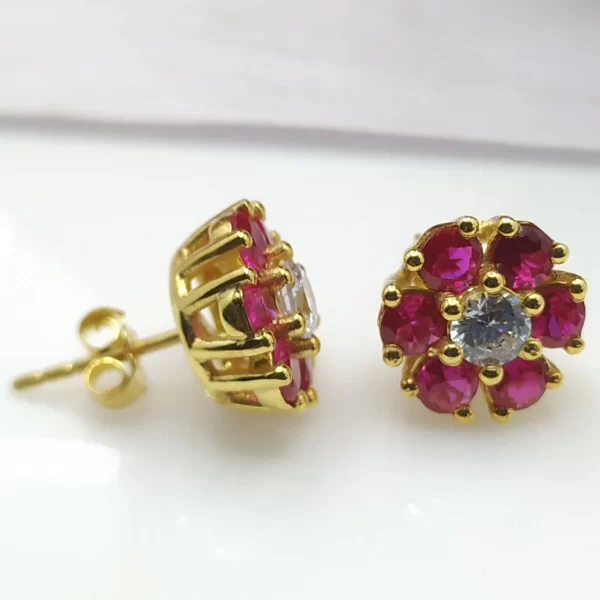 Ruby and Diamond Floral Stud Earrings - Image 5