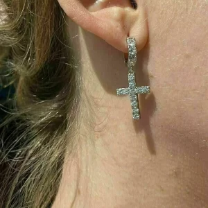 Sterling Silver Cross Hoop Earrings with Simulated Diamonds