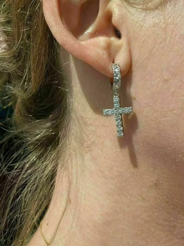 Sterling Silver Cross Hoop Earrings with Simulated Diamonds