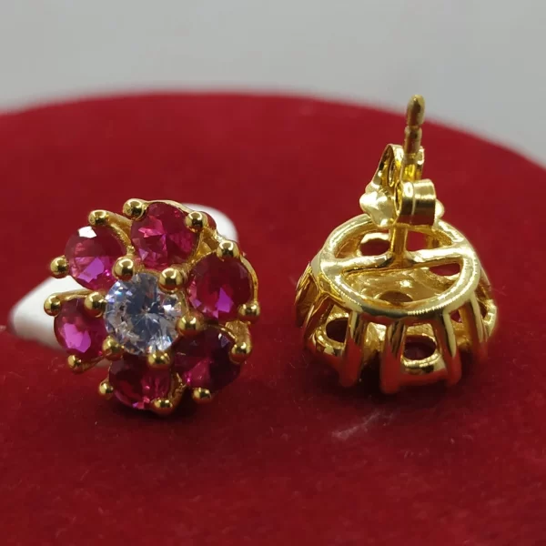 Ruby and Diamond Floral Stud Earrings - Image 4