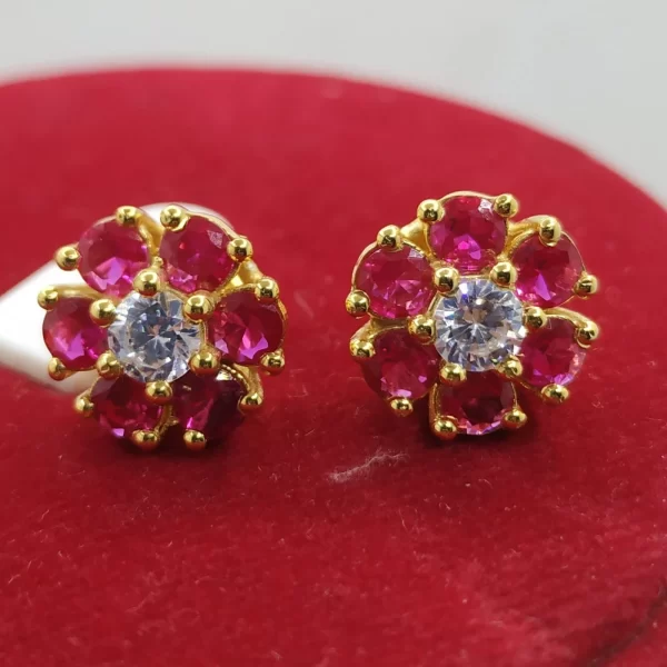 Ruby and Diamond Floral Stud Earrings - Image 3