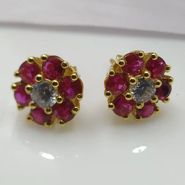 Ruby and Diamond Floral Stud Earrings - Image 2