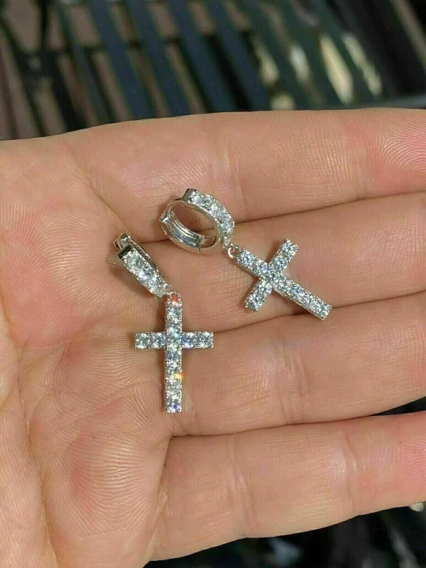 Sterling Silver Cross Hoop Earrings with Simulated Diamonds - Image 2